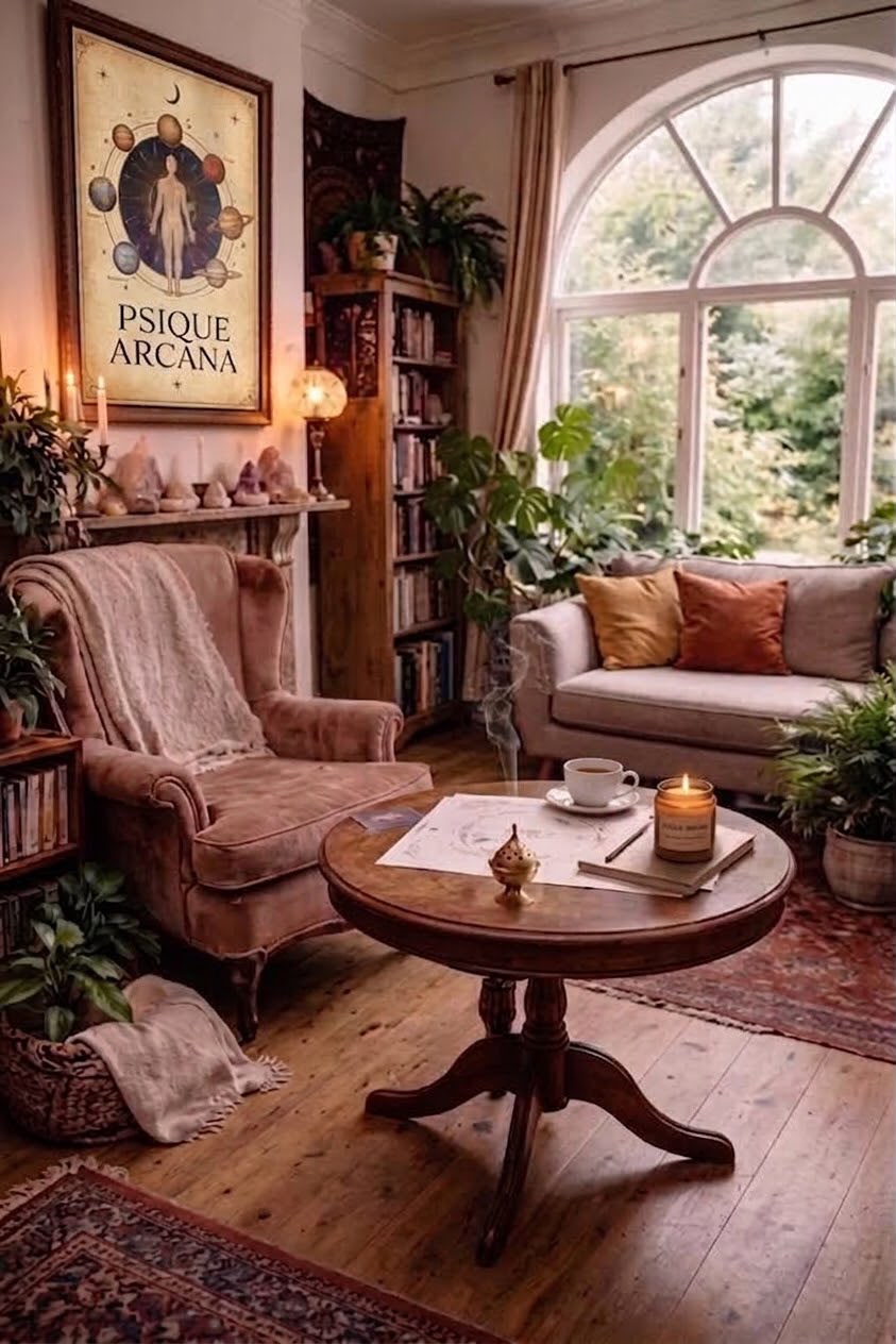 Espacio cálido y sereno con plantas, sillones y elementos simbólicos de Psique Arcana