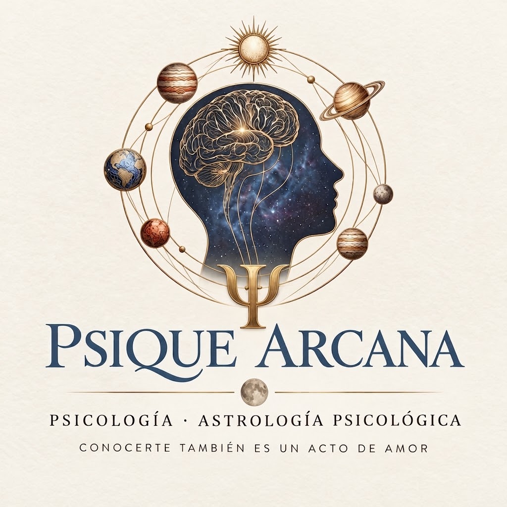 Ilustración cósmica de Psique Arcana con perfil, planetas y el símbolo Ψ